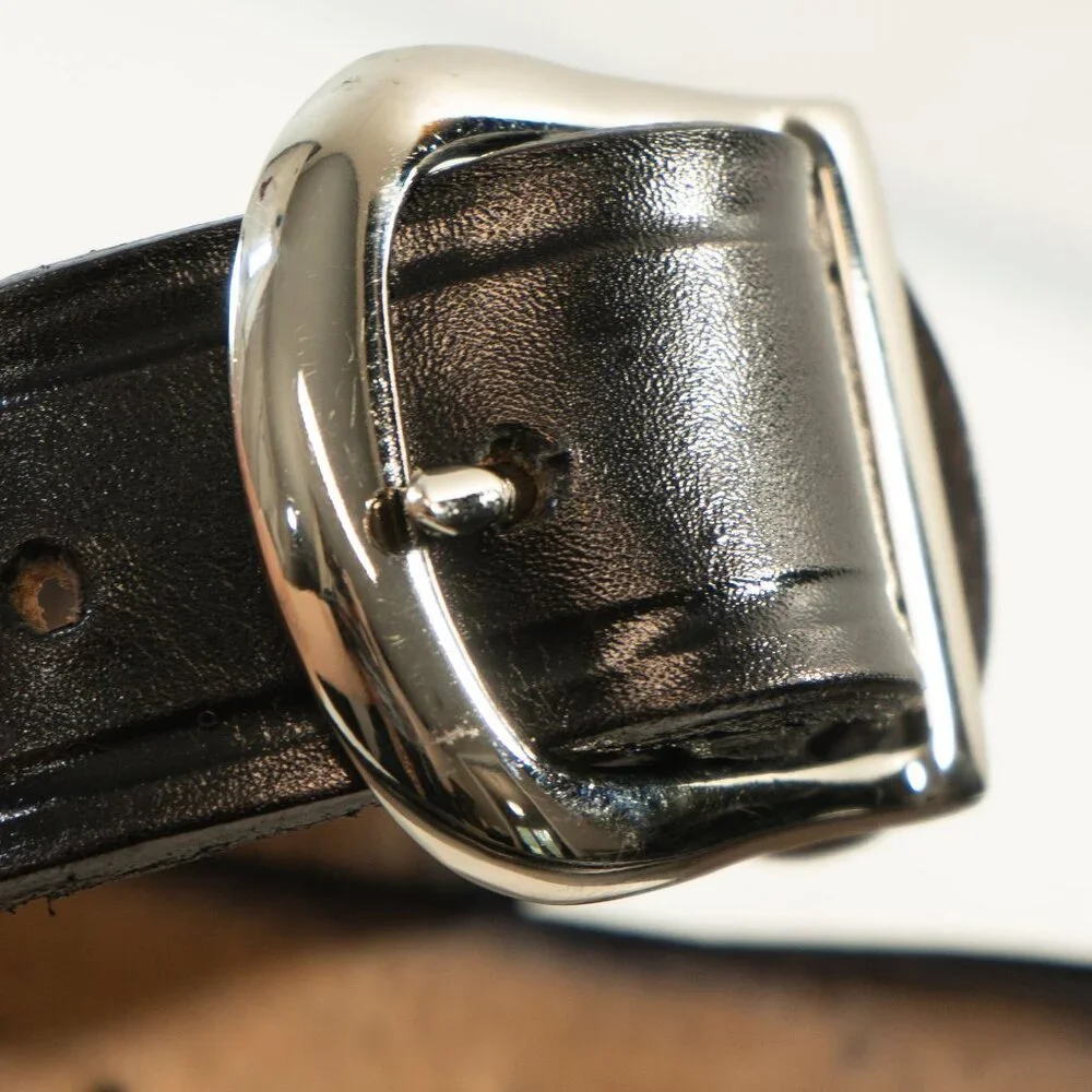 Vintage Black Leather Cowboy Belt Western Silver Tone Brass Buckle Heritage Belt